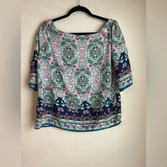 Artisan Ny abstract geometric pink green and blue pattern blouse size M - Picture 6 of 6